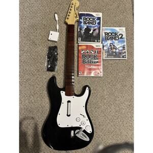 Nintendo Wii Rock Band Guitar w Dongle Strap 3 Games RockBand 1 2 Track Pack Vol